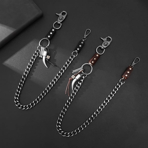 Punk Hip Hop Metal Pants Chain Distressed Alloy Wallet Chain With Cowhide Leather Skull Horn Pendant Unisex Waist Chain