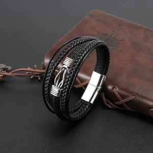 Black multilayer braided leather bracelet for men featuring an infinity symbol metal charm