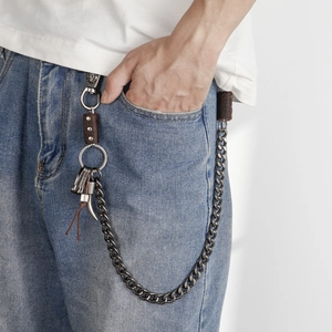 Retro street style silver hip hop wallet chain with skull hook and leather accents