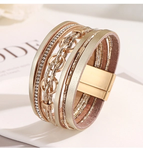 Dettaglio del bracciale multistrato in pelle PU dorata con strass e chiusura magnetica
