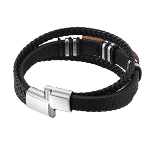 Bracelet multicouche en cuir noir pour homme avec œil de tigre et fermoir magnétique