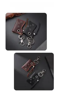 Macro detail of vintage leather lighter holder keychains with premium lychee grain texture