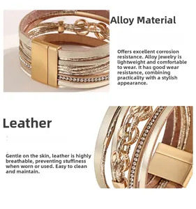 Dettaglio del bracciale multistrato in pelle PU con strass di cristallo e chiusura magnetica