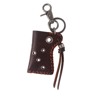Vintage brown leather lighter case keychain with metal carabiner and fringe detail