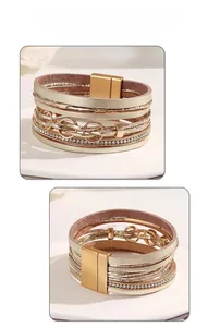 Dettaglio del bracciale multistrato in pelle PU oro champagne con strass e chiusura magnetica