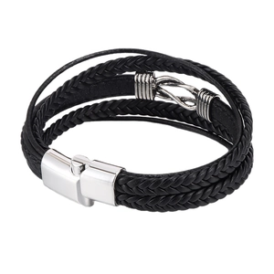 Men's multilayer black braided leather bracelet with infinity knot and magnetic metal clasp