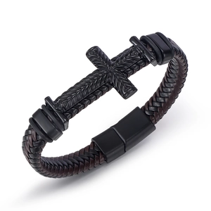 Bracciale da Uomo Vintage in Pelle Intrecciata con Croce Bracciale Retrò con Pendente a Croce in Lega Cinturino alla Moda con Fibbia Magnetica Gioielli Punk