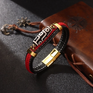 Ethnic retro handmade braided leather bracelet with Dzi bead and golden clasp decoration