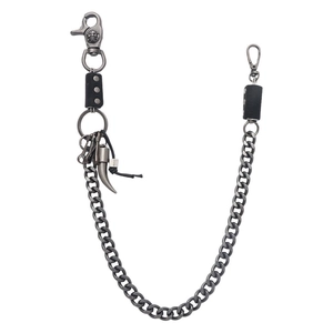 Hip hop style metal wallet chain with skull clasp, horn pendant, and black leather details