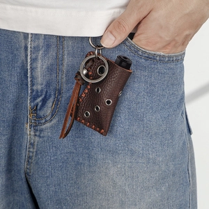 Vintage Second-Layer Cowhide Leather Lighter Case Axe Shaped Keychain Pendant Protective Sleeve With Alloy Clasp Outdoor Camping Gear