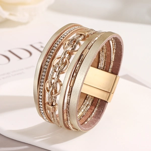 Bracciale Bohémien Multistrato in Ecopelle con Strass per Donna Gioielli di Moda Semplice con Fibbia Magnetica Oro Argento