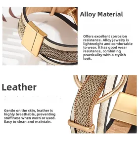 Détail du fermoir magnétique doré sur bracelet multicouche en maille et cuir tressé