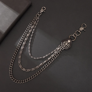 Three-layer biker pants chain with skull leather patch and vintage metal cuban links