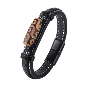 Handmade woven leather bracelet with ethnic style Dzi bead and black metal buckle