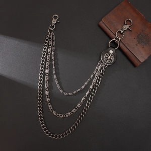 Men's retro three-layer punk hip hop biker trousers chain with skull leather detail