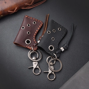 Vintage leather lighter holder keychain with alloy hook in black and dark brown finish
