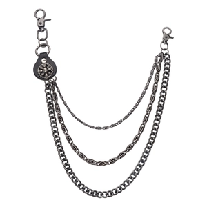 Men's retro punk biker trouser chain with multi-layer metal links and skull leather patch