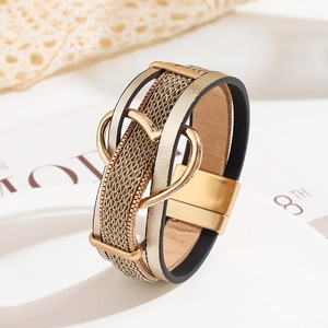 Bracelet Multicouche Femme Cœur Cuir Maille Fermoir Magnétique Alliage Bracelet Tissé Bijoux Mode Occidentale Cadeau Décoratif