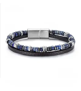 Men's multi-layer bracelet featuring lapis beads, black leather, and stainless steel clasp