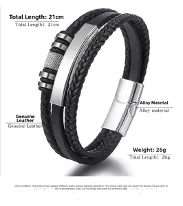 Close-up of multilayer braided leather bracelet with silver alloy magnetic clasp