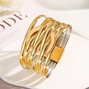 Bracelet Multicouche en Alliage et Cuir PU pour Femme Cercle Géométrique avec Fermoir Magnétique Jonc Bijoux de Mode