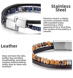 Detail of multi-layer bracelet with lapis beads, braided leather, and stainless steel clasp