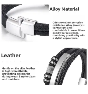 Detailed view of black braided leather bracelet featuring a polished alloy magnetic clasp
