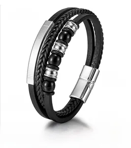 Close-up of 21cm multi-layer woven leather bracelet with alloy magnetic clasp