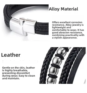 Détail d'un bracelet multicouche en cuir tressé noir avec fermoir magnétique en alliage