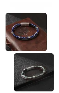 Close-up of lapis lazuli beads and magnetic clasp on men's vintage leather bracelet