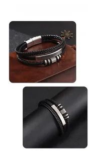 Detail of multi-layer black braided leather bracelet with silver magnetic alloy clasp