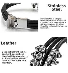 Detail of multi-layer leather bracelet with metal skull charms and polished clasp