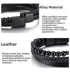 Dettaglio del bracciale multistrato in pelle intrecciata con chiusura in lega nera