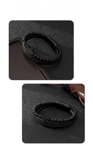 Dettaglio del bracciale multistrato in pelle nera con ciondolo a croce e pietre opache