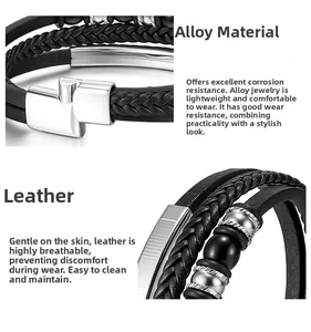 Detailed macro view of the alloy magnetic clasp and multi-layer braided leather bracelet