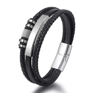 Men Fashion Multi Layer Braided Leather Bracelet With Stainless Steel Magnetic Clasp Silver Alloy Rings Casual Punk Jewelry