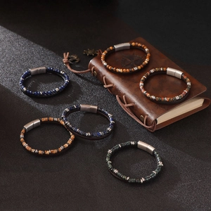 Men Retro Natural Stone Beaded Leather Bracelet Stainless Steel Magnetic Clasp Lapis Lazuli Tiger Eye Bracelet Jewelry