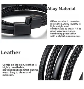 Detail view of multi-layer black braided leather bracelet with black alloy magnetic clasp