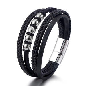 Bracelet Multicouche Homme Cuir PU Perles Alliage Fermoir Magnétique Tressé Bijoux Mode Quotidien Style Rétro Punk Accessoire