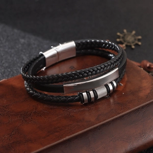 Braided black leather multi-layer bracelet with magnetic silver alloy clasp for men