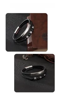 Detail of multilayer woven leather bracelet with magnetic clasp and natural stone beads