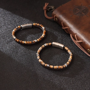 Lapis lazuli and leather beaded bracelet for men with vintage magnetic clasp closure