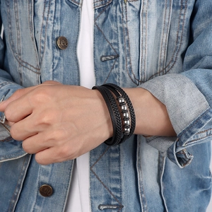 Bracelet multicouche en cuir PU pour hommes avec billes en argent et fermoir magnétique