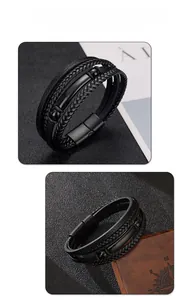 Detail of multi-layer black braided leather bracelet with secure magnetic metal clasp