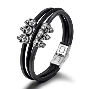 Skull Multi Layer Leather Bracelet Stainless Steel Clasp Punk Gothic Biker Wristband For Men Cool Party Jewelry