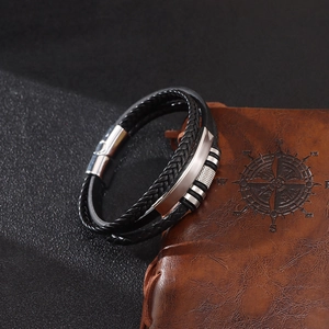Men's multilayer braided black leather bracelet with silver magnetic buckle and metal charms
