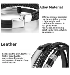 Détail du bracelet multicouche en cuir tressé noir avec fermoir magnétique en alliage