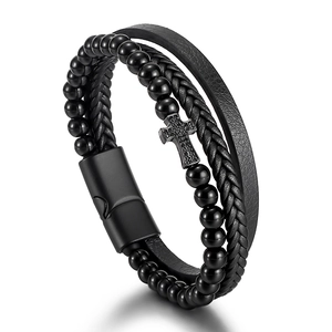 Bracciale in Pelle Multistrato da Uomo Con Perline di Ossidiana Ciondolo a Croce Corda Intrecciata Fibbia Magnetica Punk