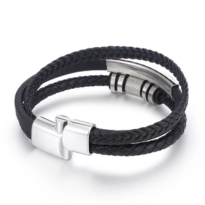 Multilayer braided leather bracelet for men with stainless steel magnetic clasp