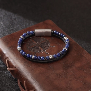 Men's double-layer lapis lazuli beaded bracelet with stainless steel magnetic clasp